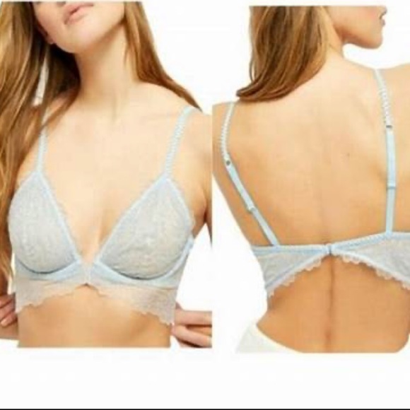 FREE PEOPLE LUCIA LACE UNDERWIRE BRA PRETTY BLUE HYDRANGEA COLOR LAYERING SZ 32A - Picture 2 of 14